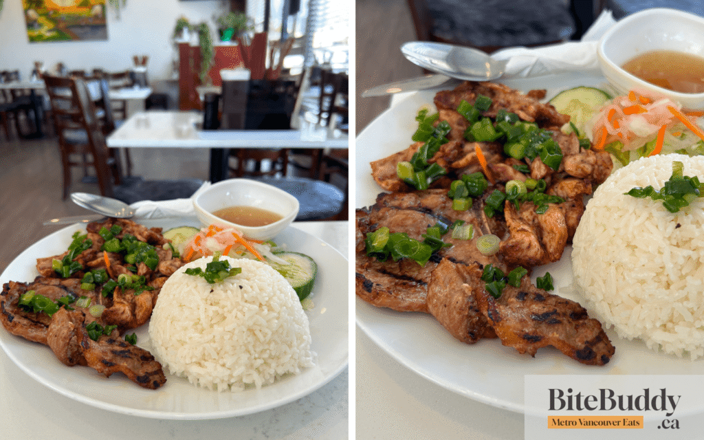 lemongrass chicken and pork rice plate