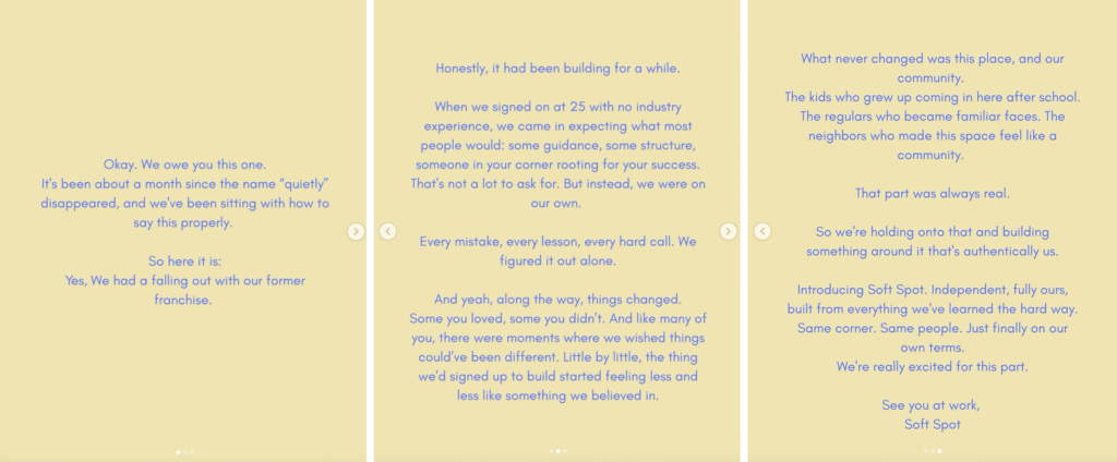 Kokoro Rebrands to softspot statement on instagram